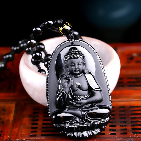 Black Obsidian Carved Buddha Necklace