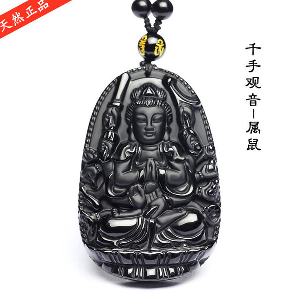 Black Obsidian Carved Buddha Necklace